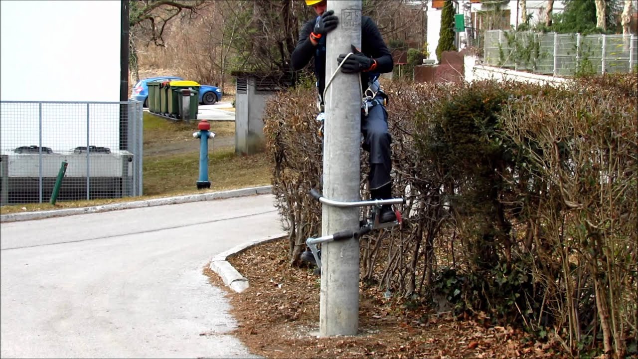 Adjustable climbing hooks for climbing on concrete and wooden poles.