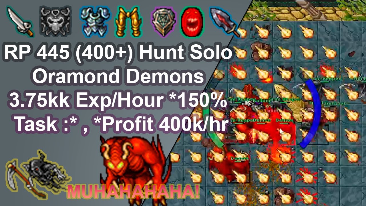 Tibia Royal Paladin 445 (400+) Solo Hunt /Oramond Demons/ 3.75kkExp/Hour 150% Task + Profit 400k/hr.