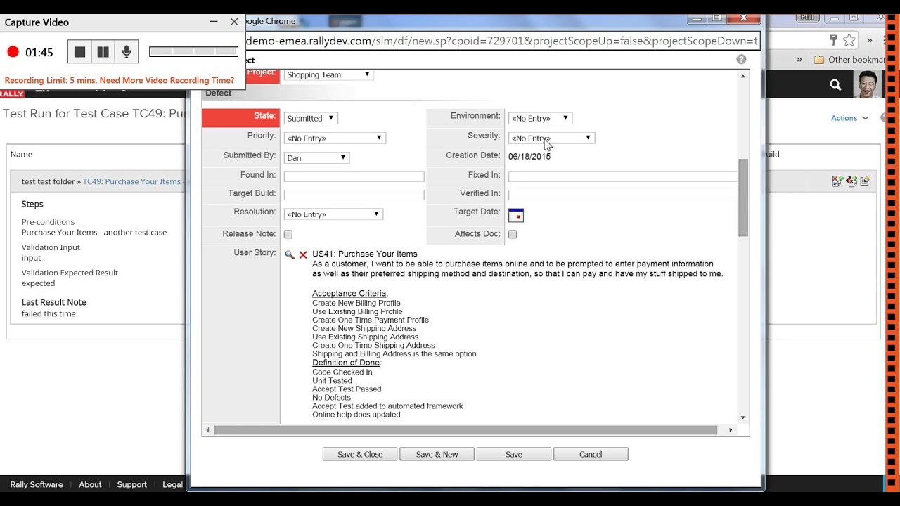 Logging a new test case result and new defect in Rally