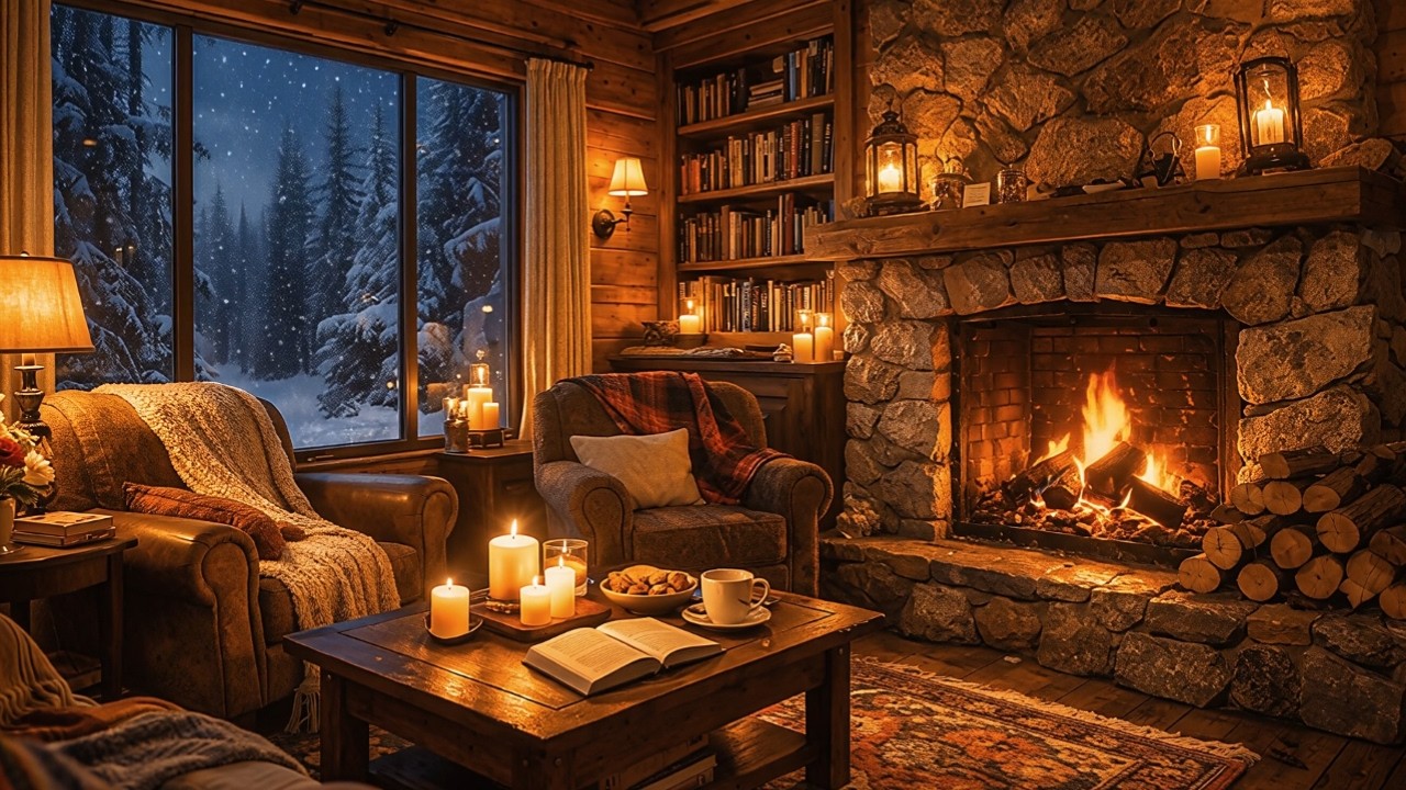Cozy Winter Cabin Fireplace 🔥 Snowy Night Ambience  Relaxing Music for Sleep, Study & Stress Relief