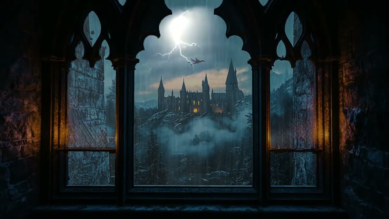 Quiet Castle in the Rain, Window View Night Ambience for Deep Sleep, Rest, Focus and Relaxing