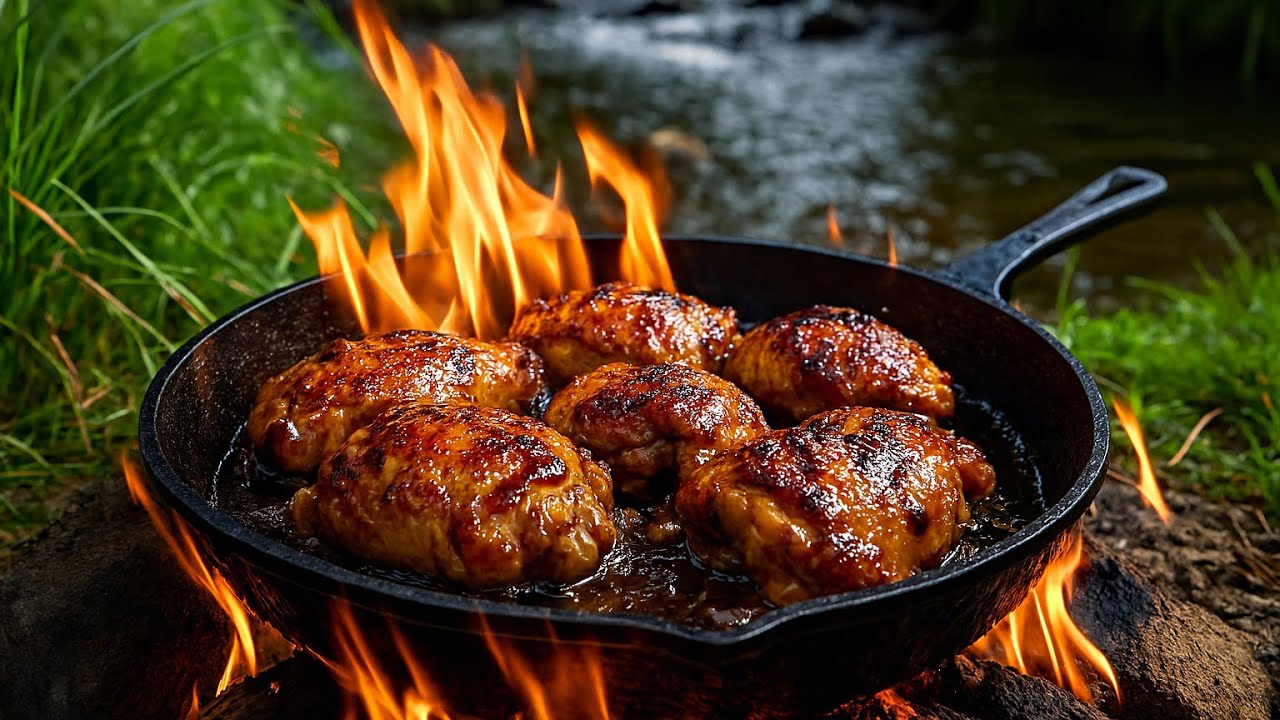Outdoor Cooking by the River &ndash; Honey Glazed Chicken Thighs in Campfire