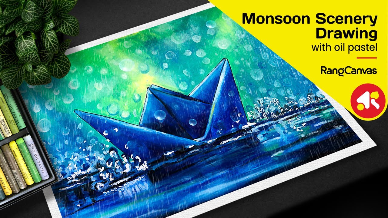 Monsoon drawing oil pastel | Monsoon scenery drawing | Monsoon drawing - Rang Canvas