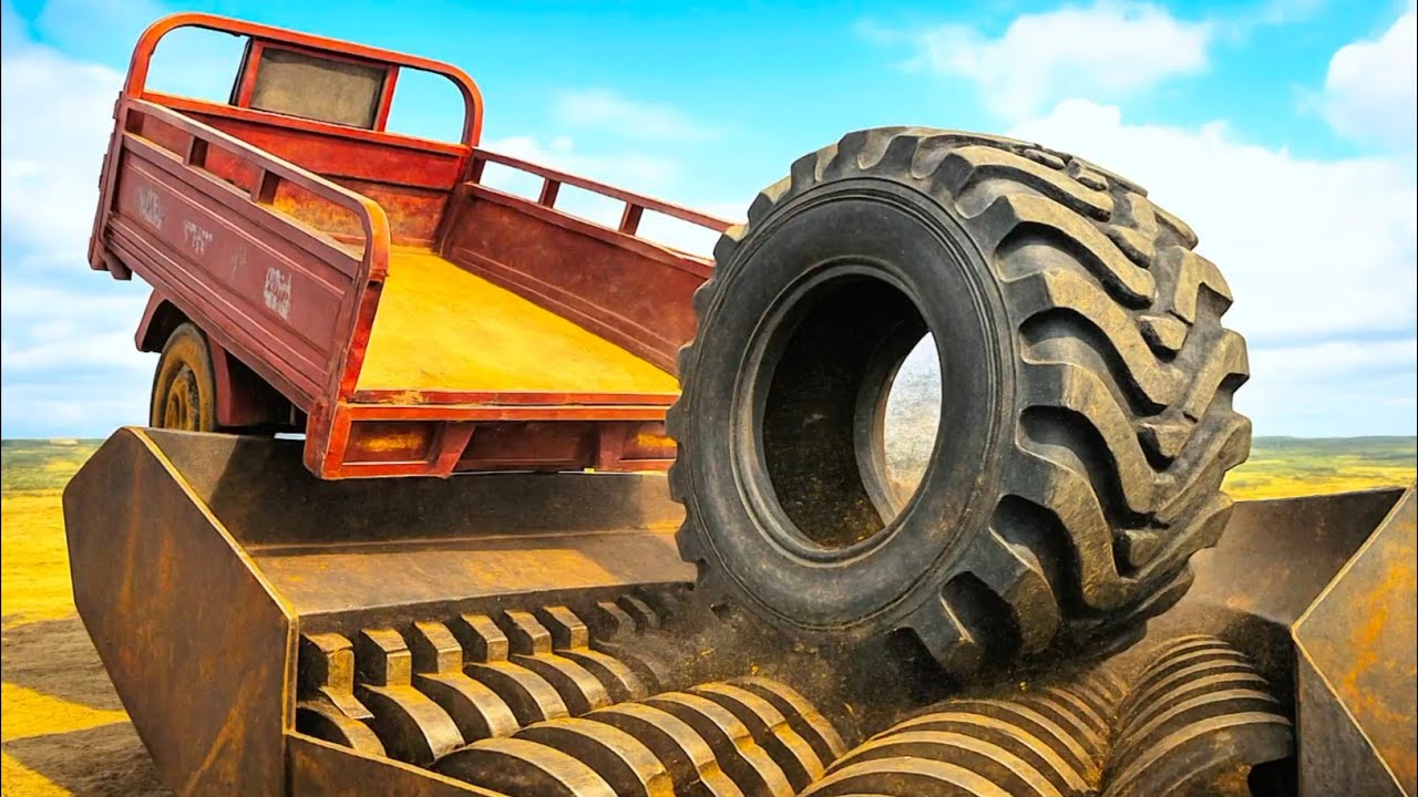 Monster Shredder Destroys Tractor Tire and Truck! Extreme Metal Shredding machine 