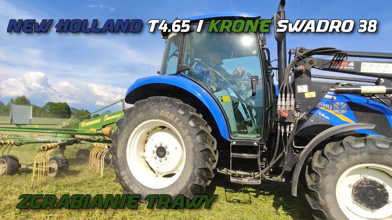 Zgrabianie trawy - NEW HOLLAND T4.65 i KRONE SWADRO 38