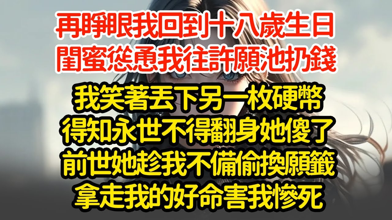 再睜眼我回到十八歲生日，閨蜜慫恿我往許願池扔錢我笑著丟下另一枚硬幣得知永世不得翻身她傻了前世她趁我不備偷換願籤拿走我的好命害我慘死