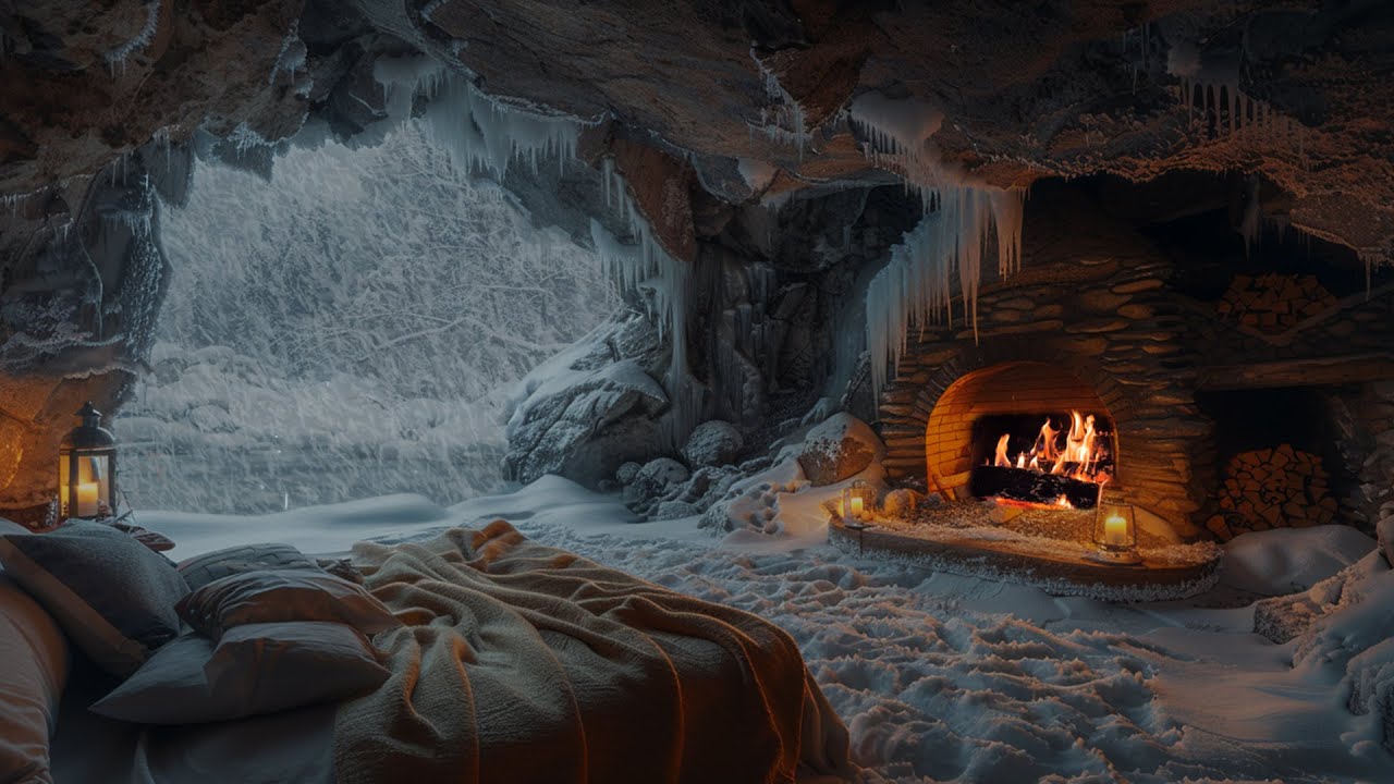 Soothing Winter Sounds in Cave | Fireplace Ambience for Mental Stillness and Restful Sleep