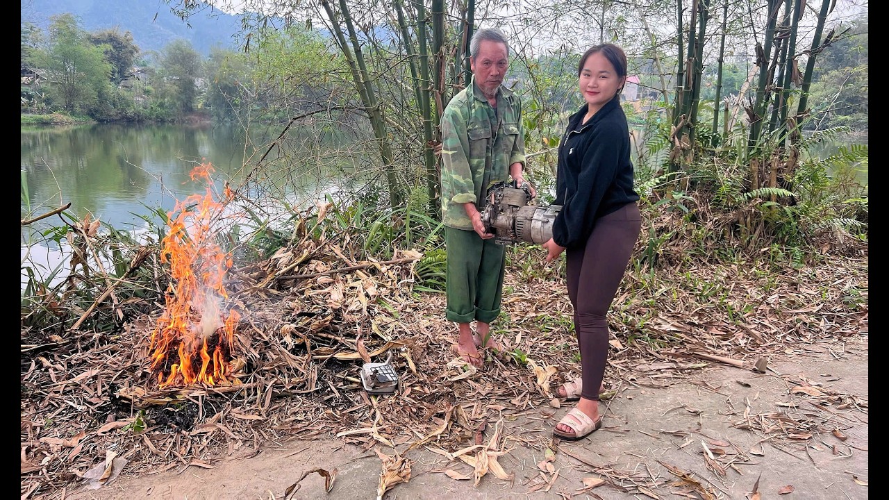 The genius girl repaired the old, dilapidated generator.