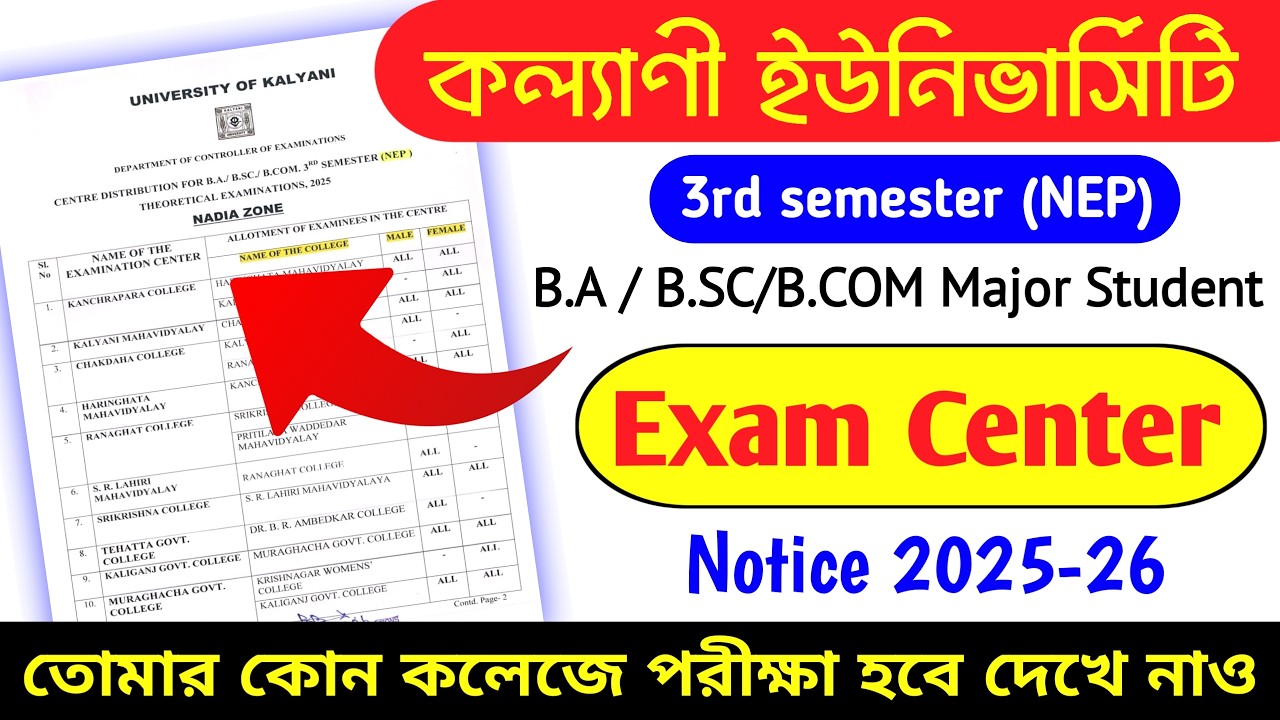 Kalyani University 3rd Semester NEP Exam Center Notice 2025 | Check in which college you will be ...