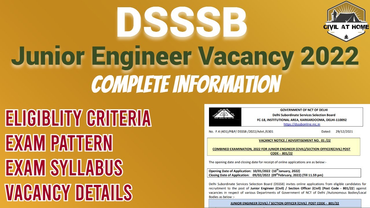 DSSSB junior engineer vacancies 2022 | Civil and Electrical engineer vacancies 2022 | Civil At Home