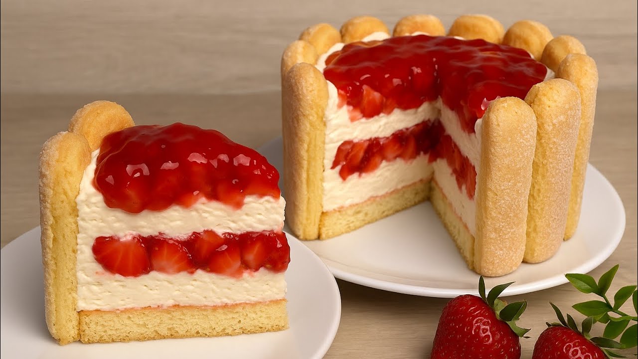 No-Bake Strawberry Charlotte Cake | Easy & Delicious Dessert Recipe🍓🍰