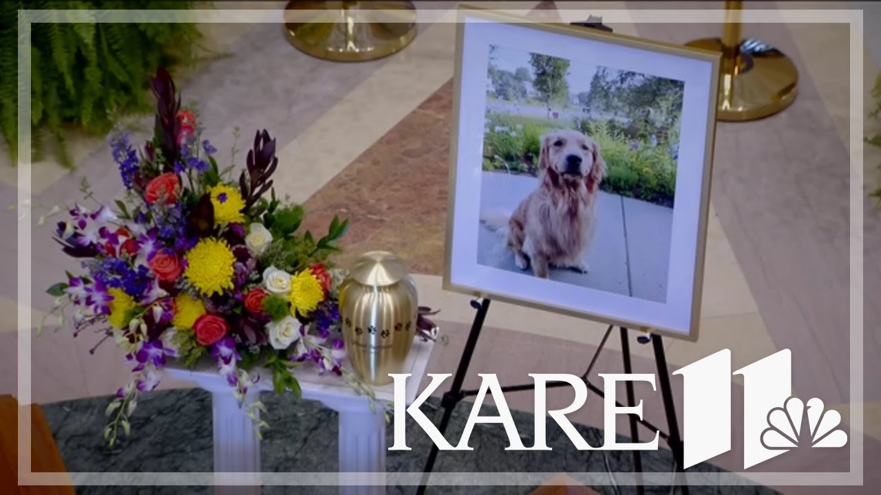 Gilbert's urn sits between Melissa and Mark Hortman's caskets as the first dog to lie in state