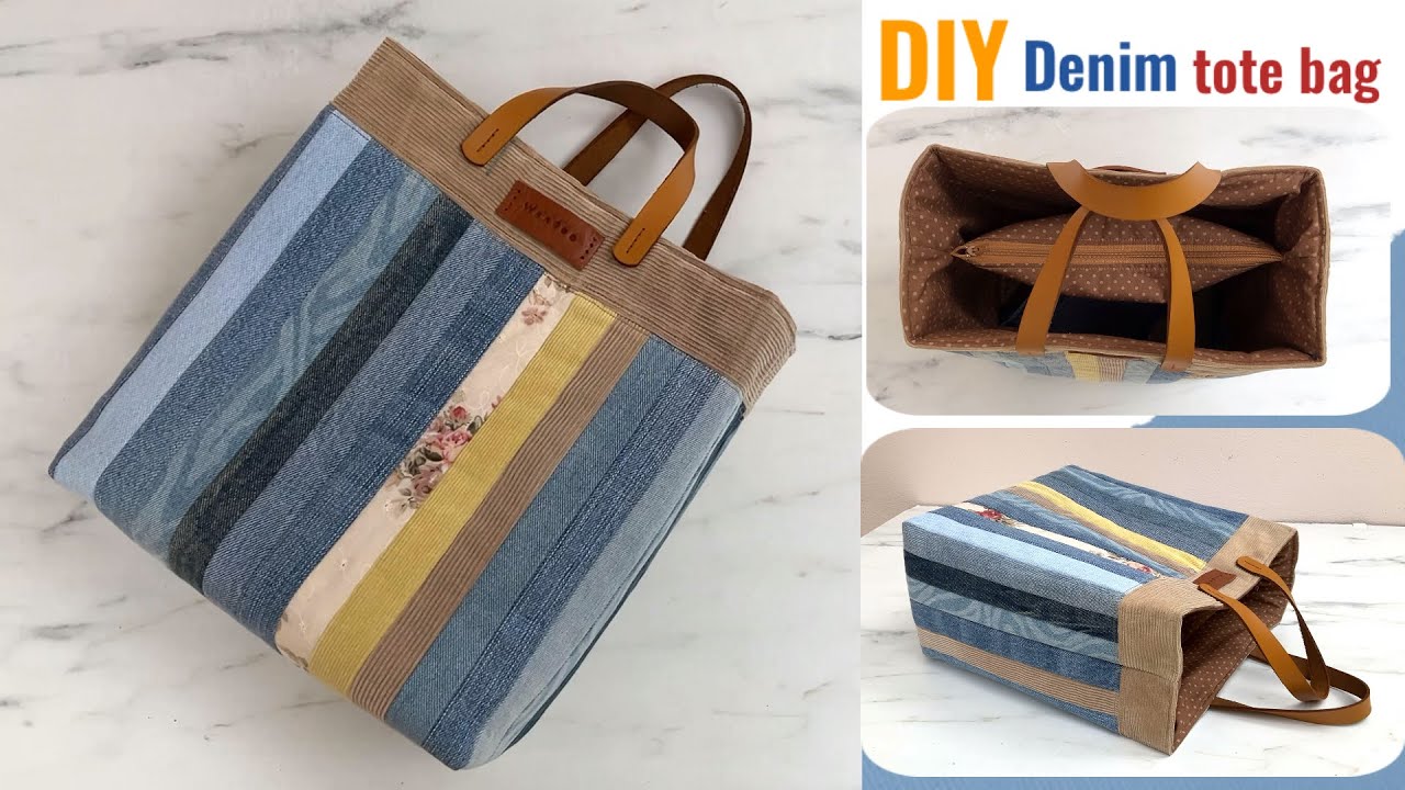 Diy small tote bag with zipper pocket tutorial from upcycled denim jeans and fabric,DIY tote bag.