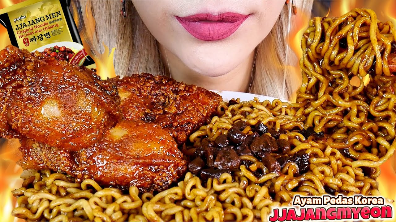 ASMR MUKBANG 🍜🤎JJAJANGMYEON & AYAM PEDAS KOREA FIRE CHICKEN🔥 BLACK BEAN NOODLE SPICY FIRE CHICKEN😋