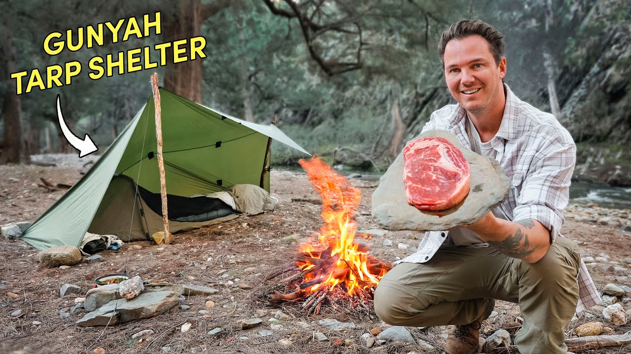 The ULTIMATE Tarp Shelter + Cooking on a HOT STONE 🔥