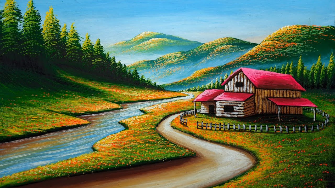 Painting a farmhouse with beautiful mountain scenery | nature drawing painting