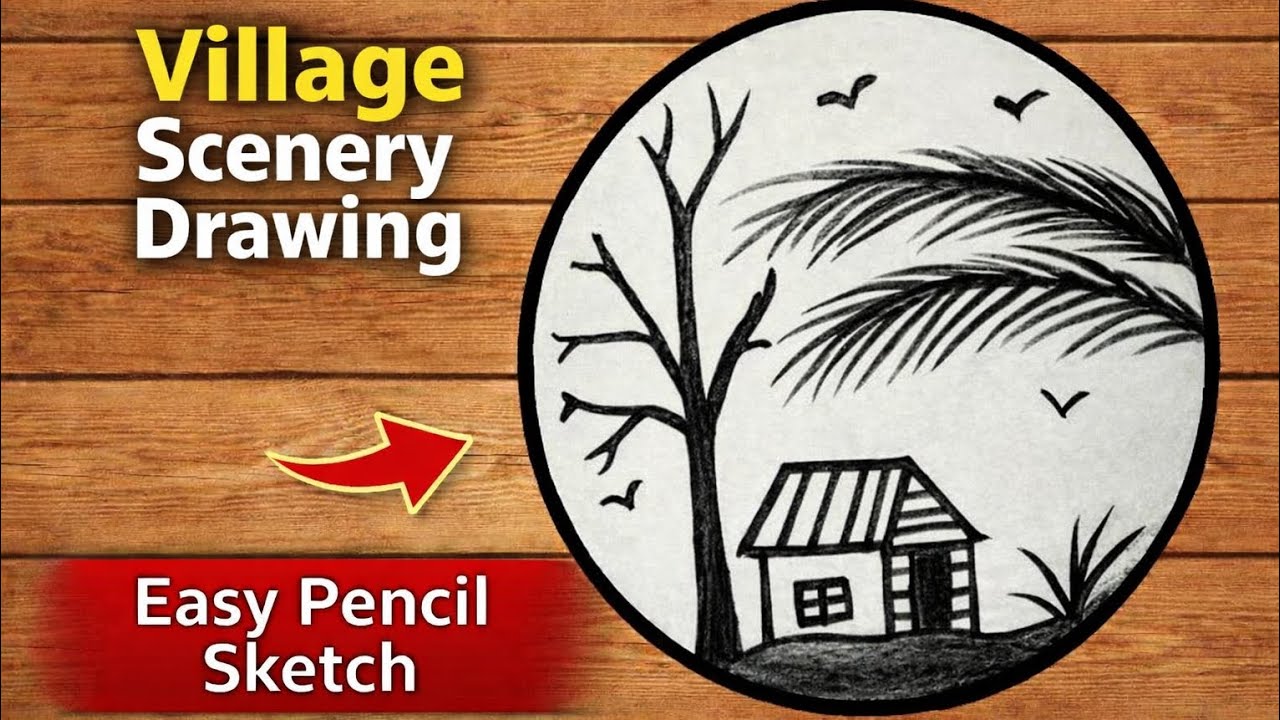 Village Scenery Drawing | Easy Pencil Sketch in Circle | House & Tree Drawing Step by Step