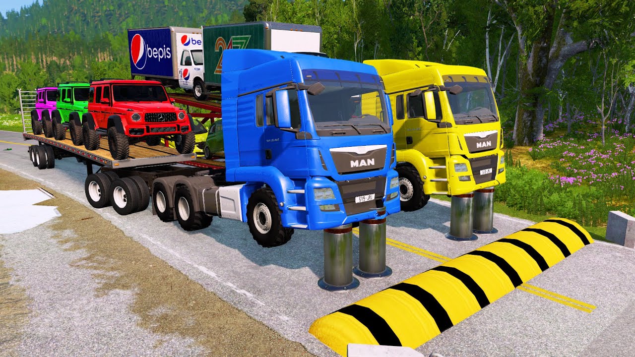 Double Flatbed Trailer Truck vs Speedbumps Train vs Cars Beamng.Drive 81