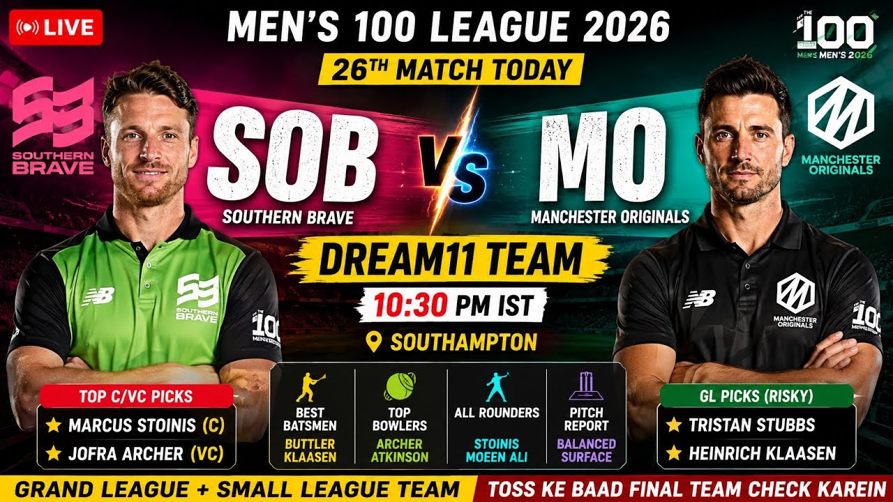 LIVE SOB vs MO Dream11 Team | 26th match today | Men's 100 League 2026