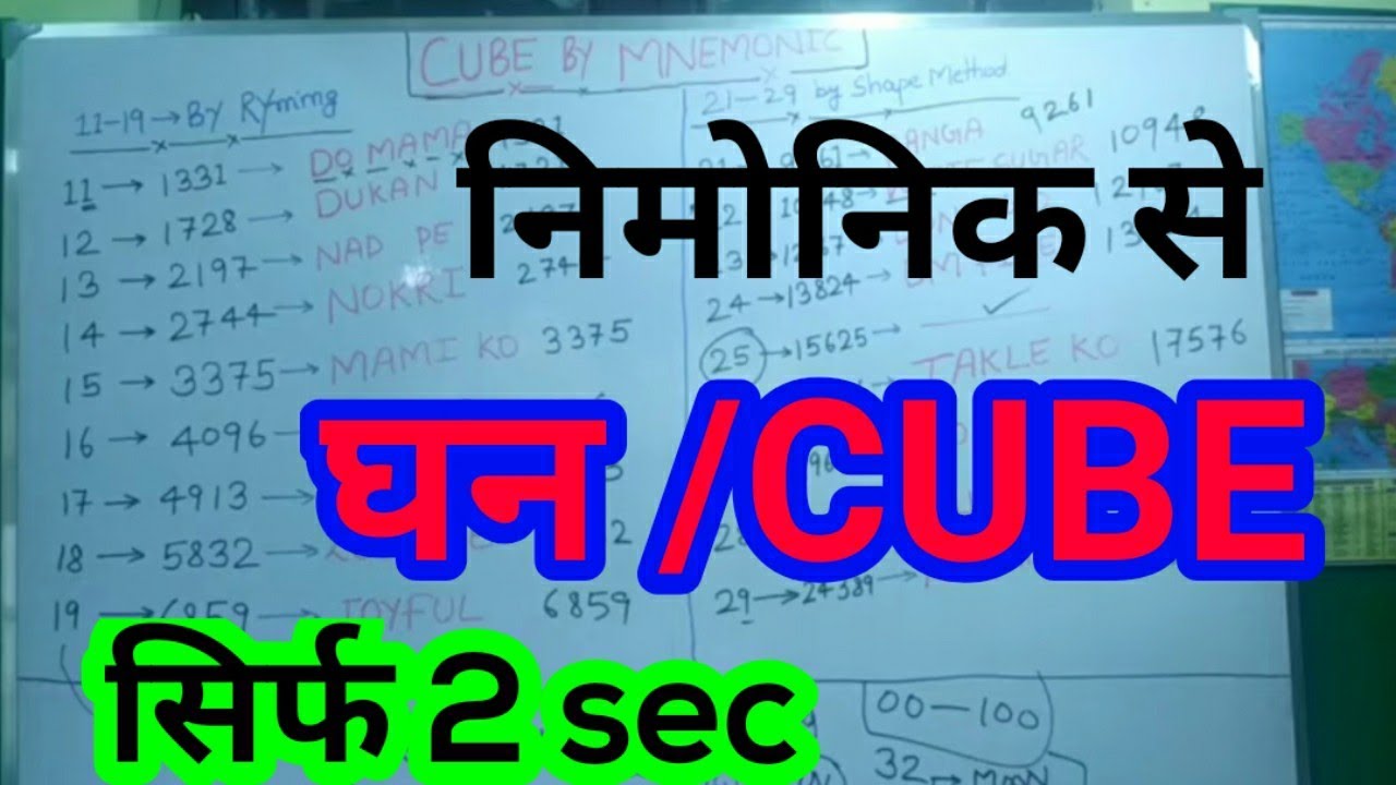 CUBE 11 29 by Mnemonic  घन को याद करें Mnemonic से |  Eg trick to remember cube by mnemonic all