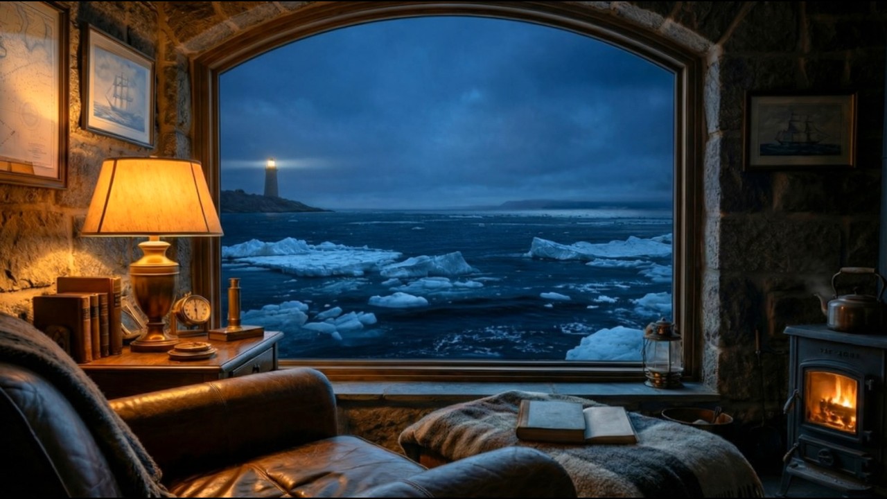 Lighthouse Ambience for Sleep | Soft Intro Narration & Fire + Frozen Ocean Sounds at Night,(5 Hours)