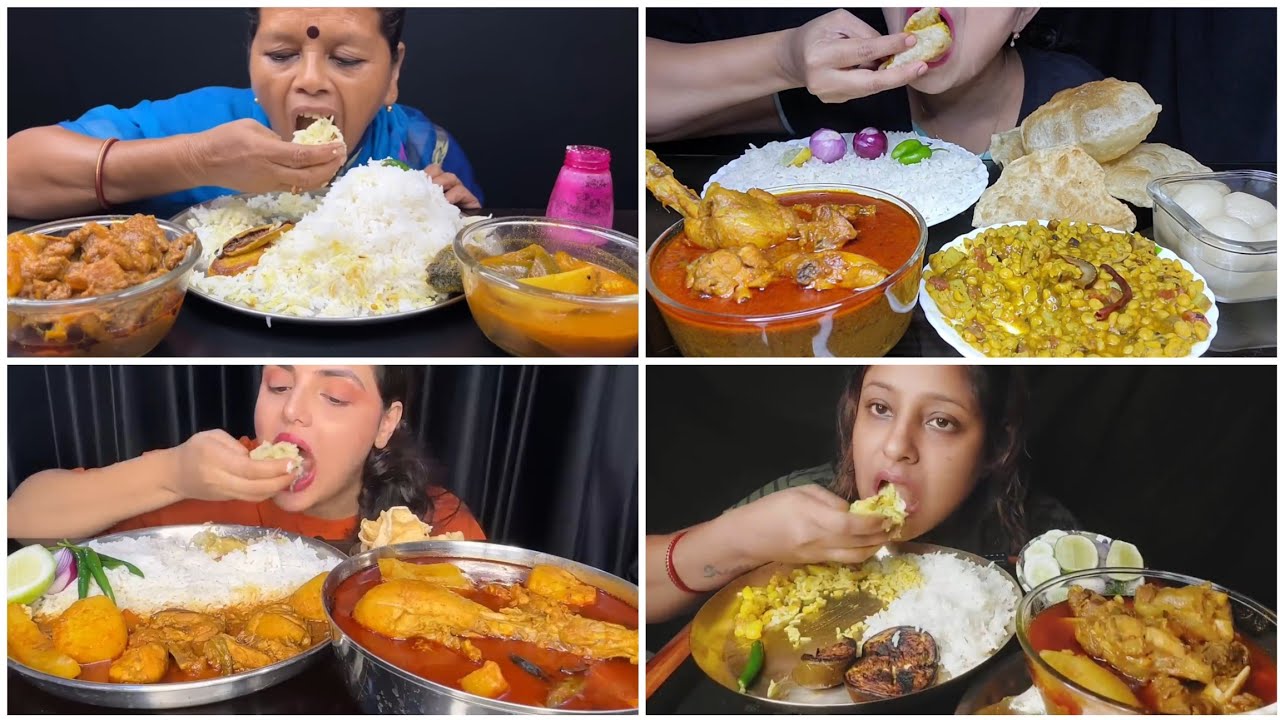 Asmr🔥Eating Begun Illish , Lal Murgir Jhol, Mutton🌶 Kosha, Begun Vaja, Beguni Dal with Rice 🍚😋