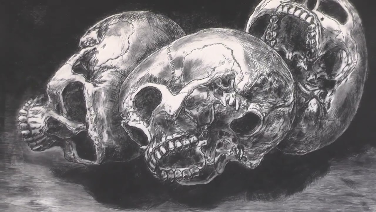 Skulls etching dry point inspired by the 17th century Spanish painter Antonio de Pereda