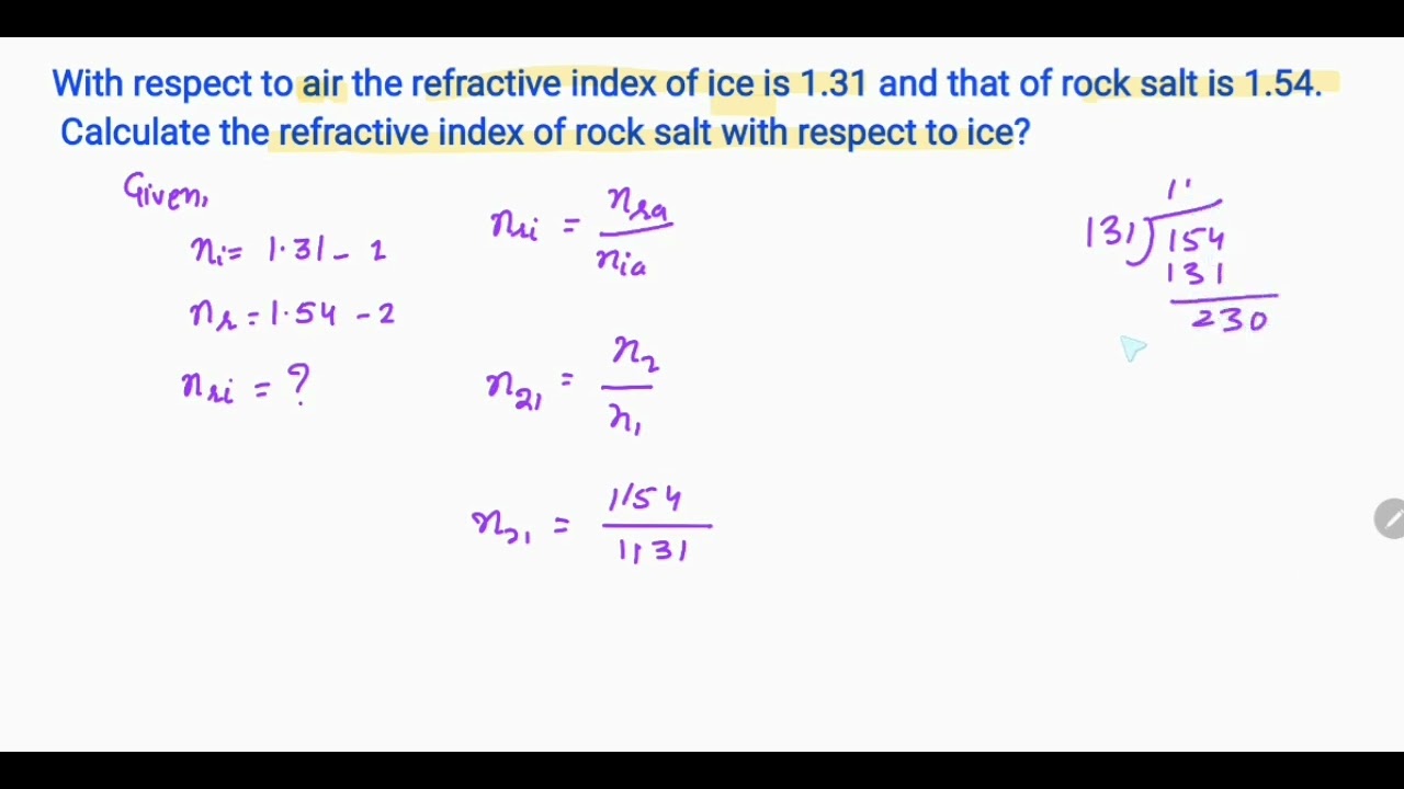 With respect to air the refractive index of ice is 1.31 and that of rock salt is 1.54.Calculate 
