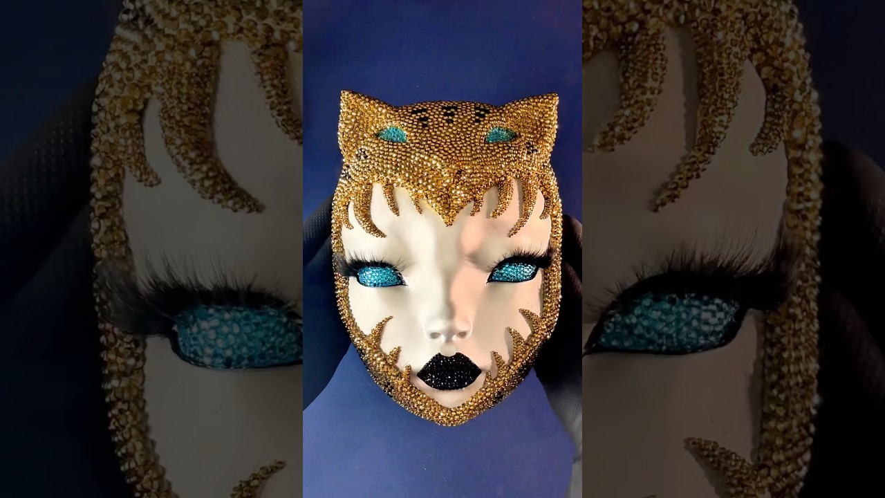 Jeweled Cat Mask 🐱 #pidgindoll #jewelry #sculpting #makeup #mask #creativemakeup #makeupartist #sfx