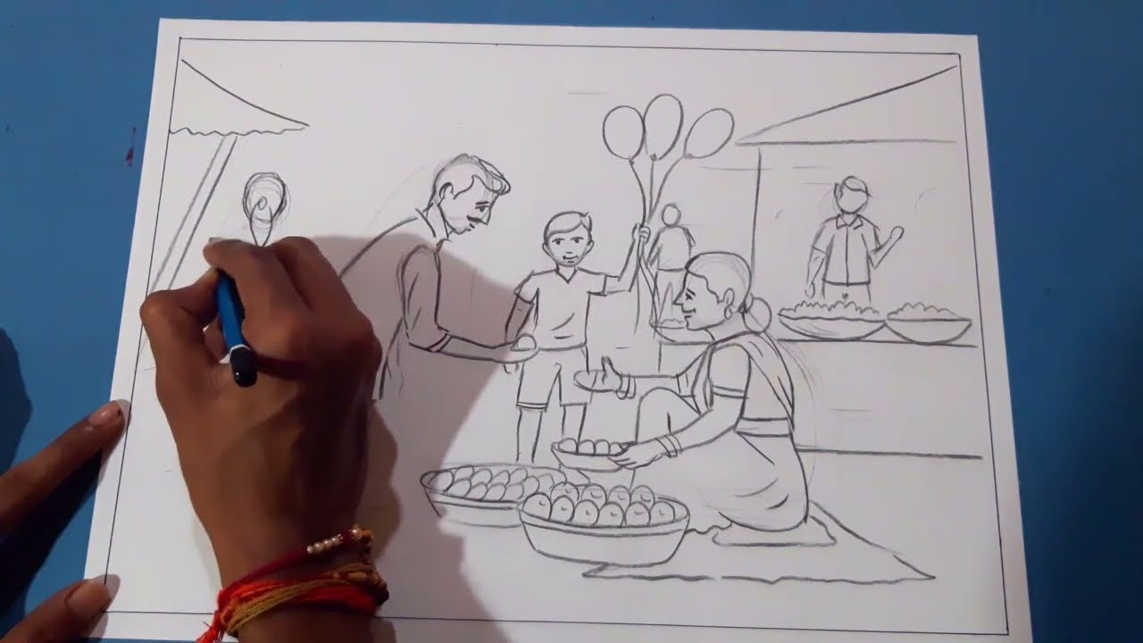 Market Scenery Drawing | बाजारतील दृश्य