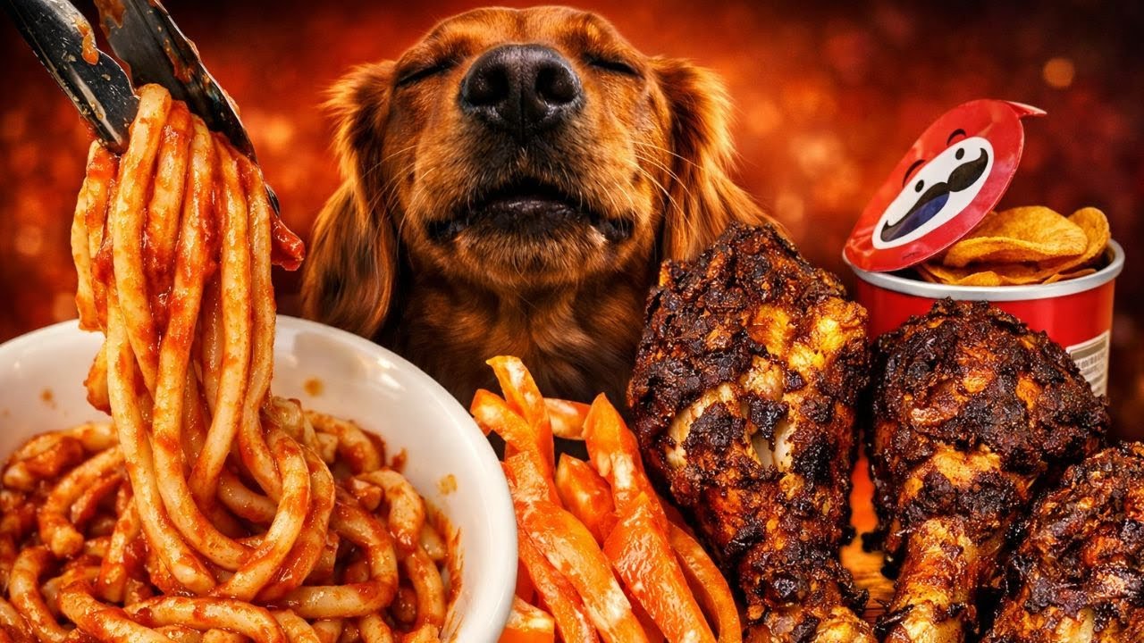 ASMR Mukbang🔥Honey the Red Golden Eats Red Noodles and Crispy Fried Chicken