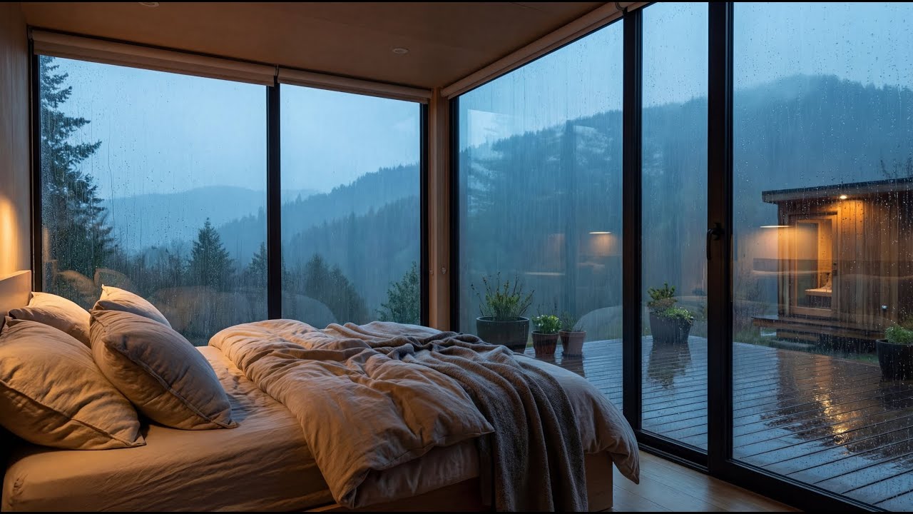 Heavy rain pounding on the window at night 🌧️ Cozy forest cabin bedroom atmosphere