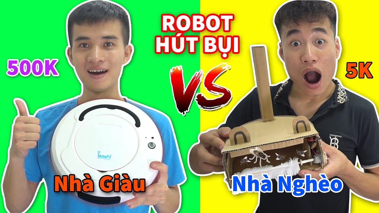 Đồ Chơi GI&Agrave;U - NGH&Egrave;O - Robot h&uacute;t bụi tự động 500k vs M&aacute;y h&uacute;t bụi tự chế bằng b&igrave;a carton 5k...