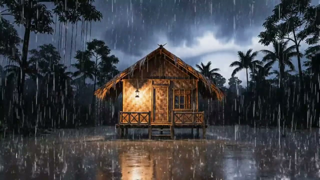 10 Hours Heavy Tropical Rain on a Cozy Jungle Bamboo Hut at Night – Deep Sleep ASMR Rain Ambience