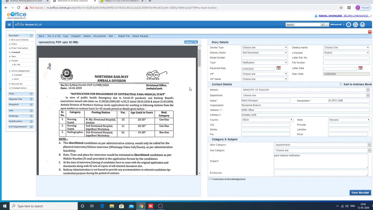 Receipts/DAK/Draft letter handling in e-office by Nikhil IRPS