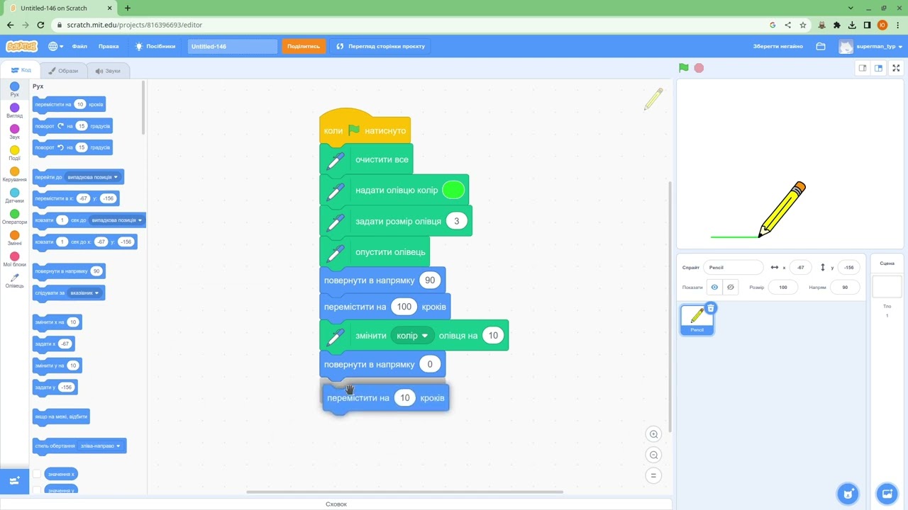 Розширення Олівець та алгоритми з повторенням у Scratch
