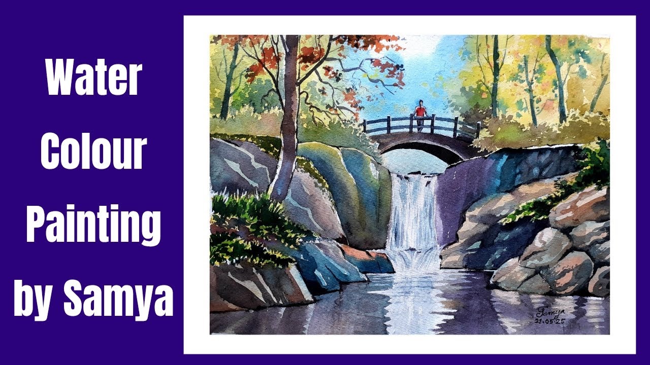 Watercolor painting tutorial for beginners | Waterfall scenery | Art with Samya-91