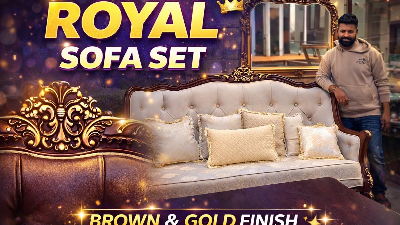 Royal Carving Teak Wood Sofa Set | Brown Finish with Golden Highlights | Luxury Furniture