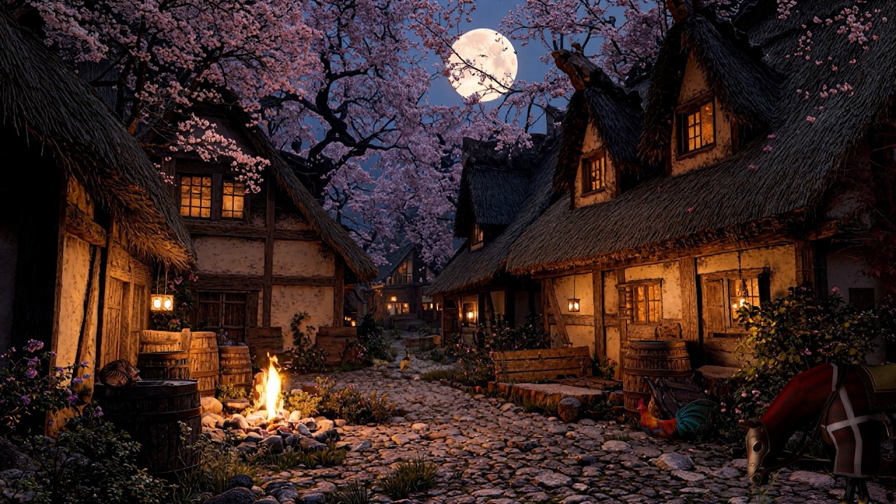 Cozy Medieval Village Spring Night Ambience | Relaxing Fire Crackling & Soft Crickets Sounds