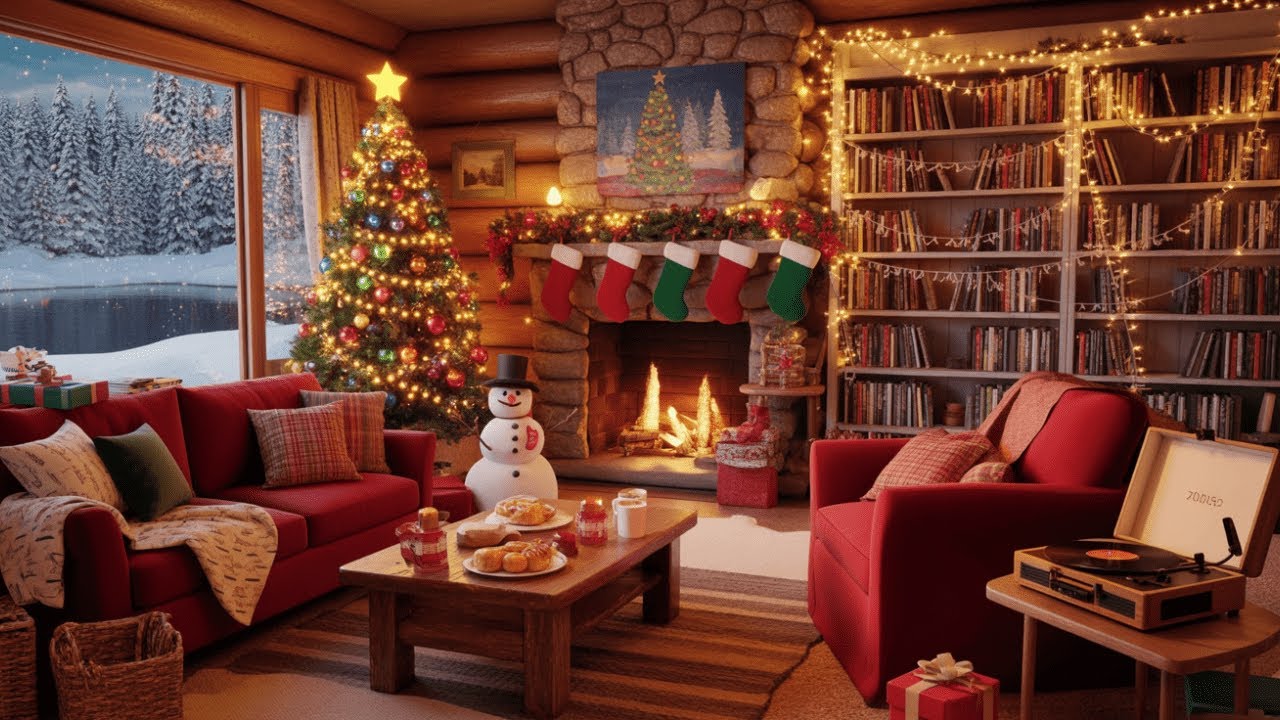 Warm Cabin Christmas Jazz 🎅 Snowfall, Firelight Glow & Peaceful Holiday Ambience for Sleep & Relax