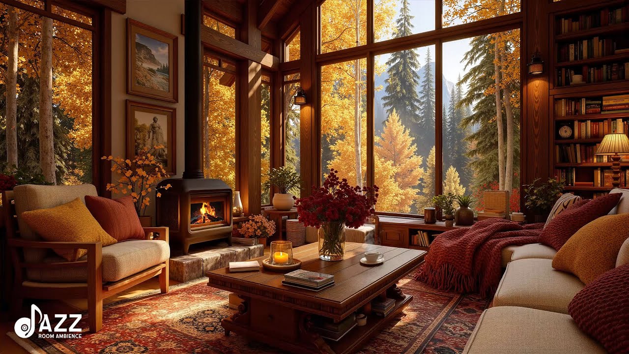 Cozy Autumn Reading Nook 📖 Soft Jazz, Crackling Fireplace & Sun Shine Ambience to Relaxing, Working