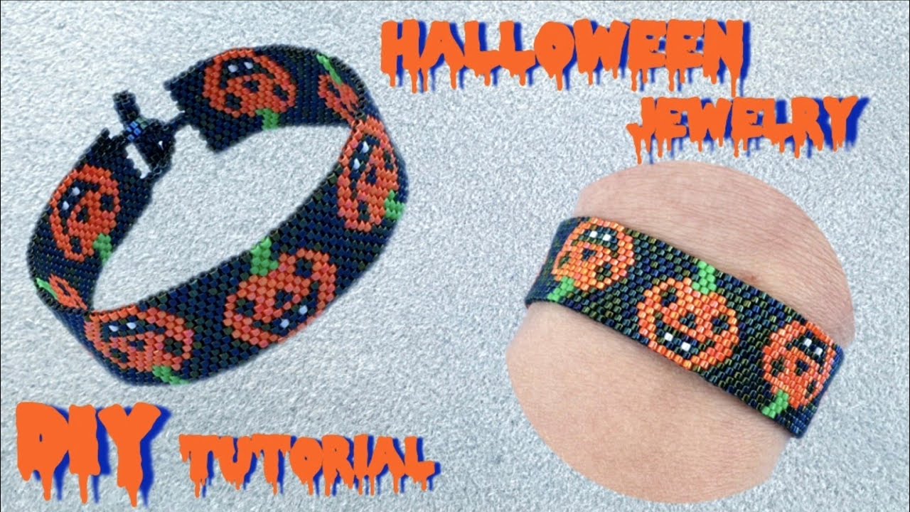 Pumpkin bracelet/Halloween party  jewelry/Even count peyote stitch/How to make easy jewelry/DIY