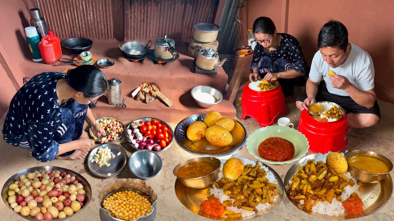 Nepali Village Cooking : Potato Fry Recipe & Dry Matar Curry with Rice in Village Kitchen Darjeeling