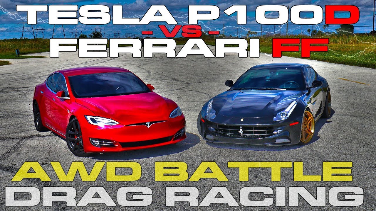 AWD Launch Control Battle - Tesla Model S P100D Ludicrous vs Ferrari FF Drag Racing and Roll Racing