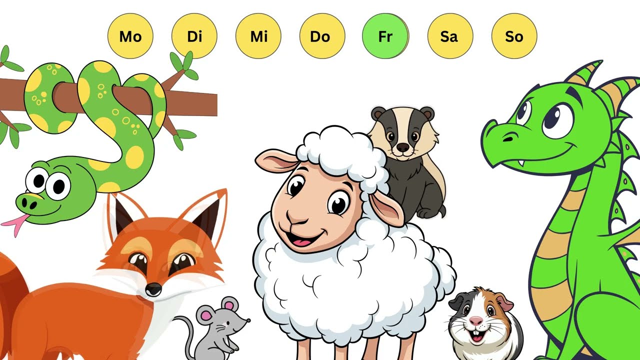 Lerne die Wochentage mit den Wochentagstieren - Lernvideo für Kinder und Kleinkinder auf Deutsch