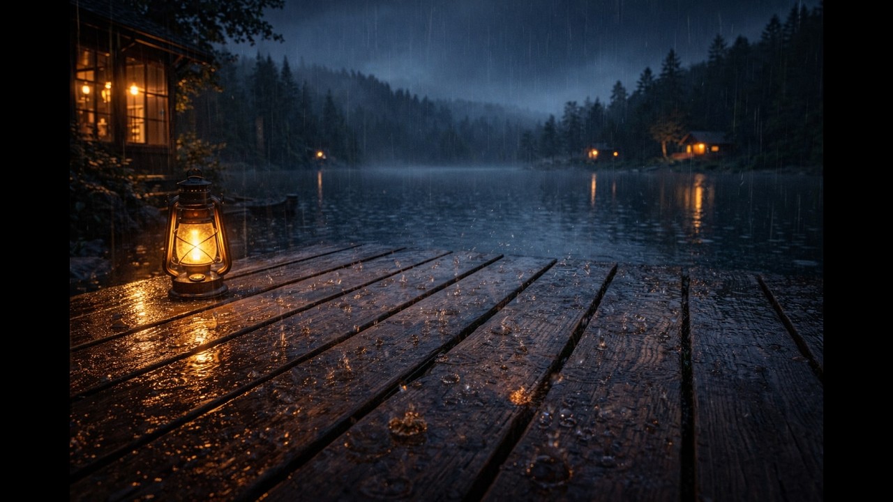 Rainy Lake Dock Night 🌧 Cozy Cabin Lights & Relaxing Rain Ambience for Sleep