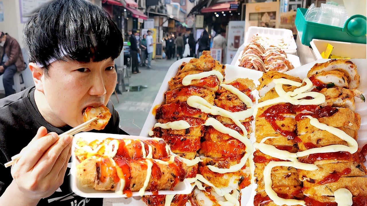 팔뚝만한 길거리 수제핫바 4천원 클라스ㄷㄷ 치즈 문어 소세지 떡갈비.. 4줄 묵자