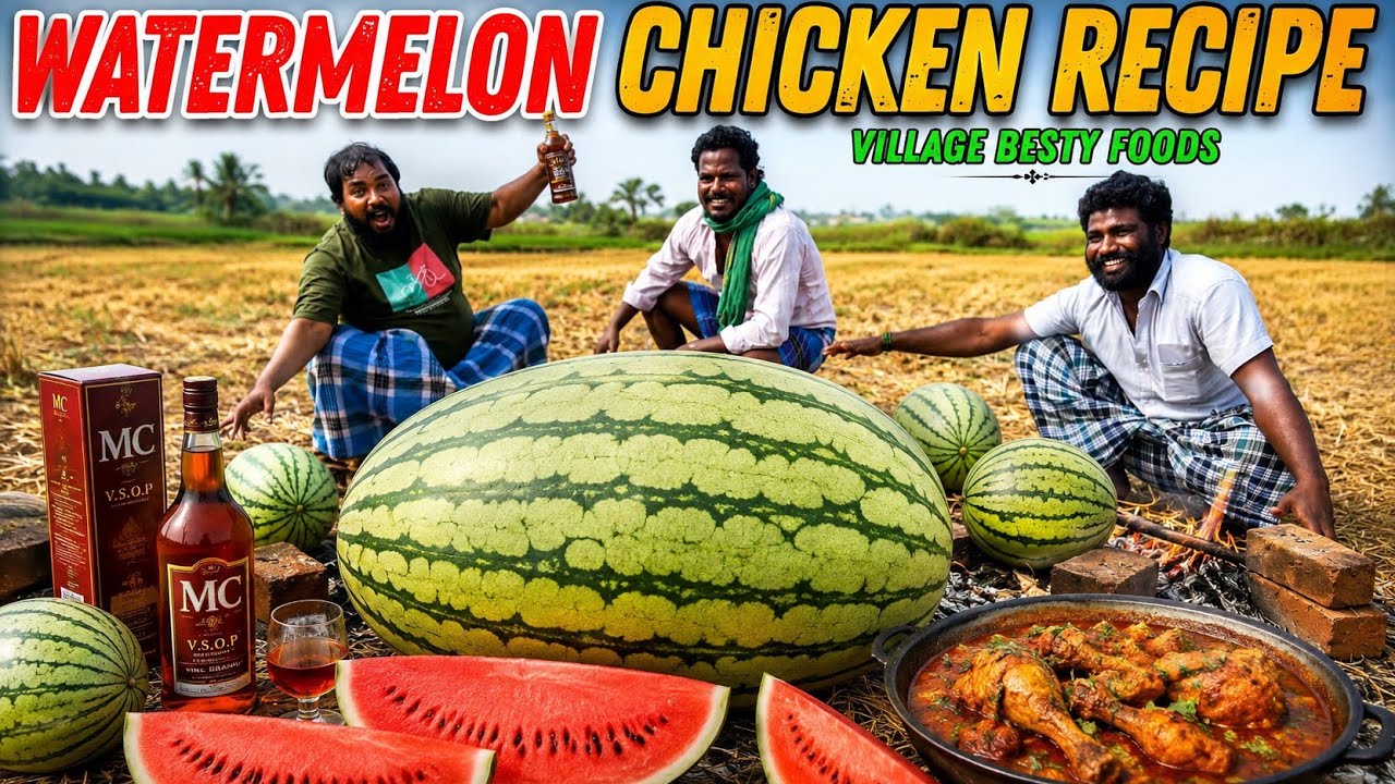 WATERMELON CHICKEN | Watermelon with Spicy Chicken Recipe Cooking And Eating | Village Style Cooking