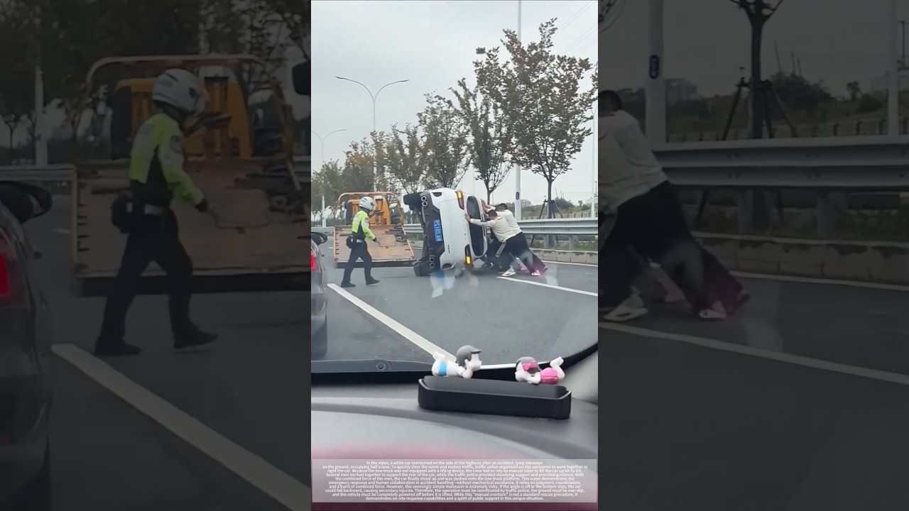 Everyone worked together to support the car: emergency rescue moments without a crane