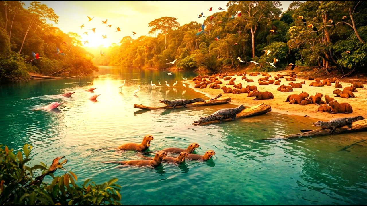 Relaxing Amazon Nature Walk 4K Pure River Sounds Otters Caiman Capybara Scenes